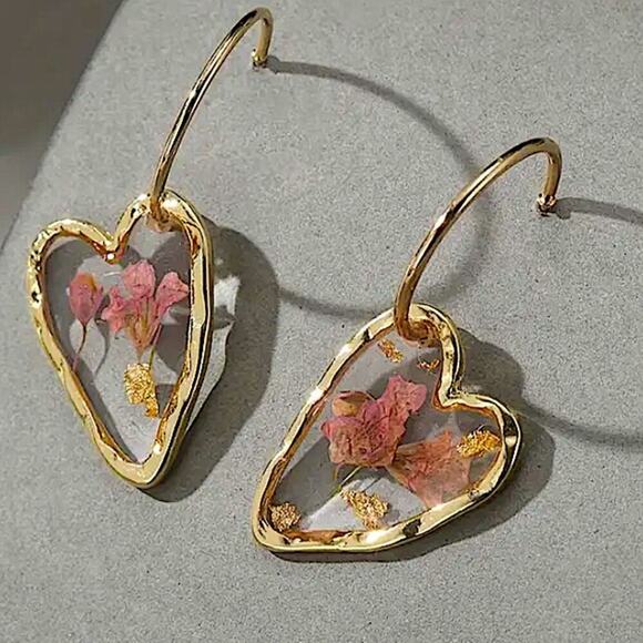 Gold Boho Flower Glass Dangle Earrings - Picture 2 of 4